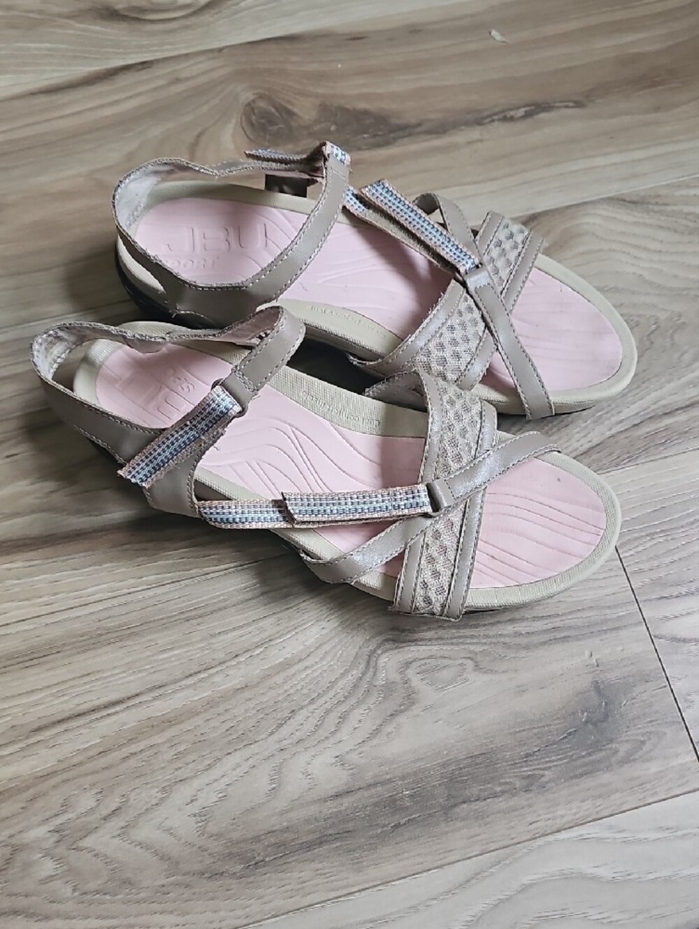 JBU Beige Strappy Sandals with Pink Footbed